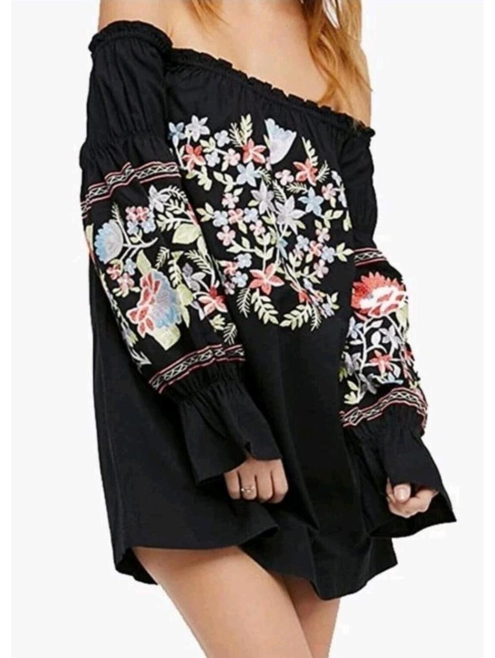 Free People Black Embroidered Off The Shoulder Dress Size S Small EUC